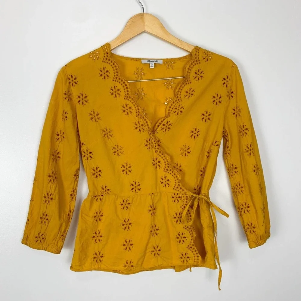 Madewell Mustard Yellow Scalloped Eyelet Wrap Top SIze Extra Extra Small - Picture 2 of 16